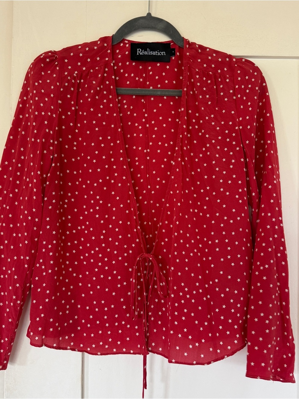 Realisation Red Star-Print 100% Silk Tie-Front Blouse